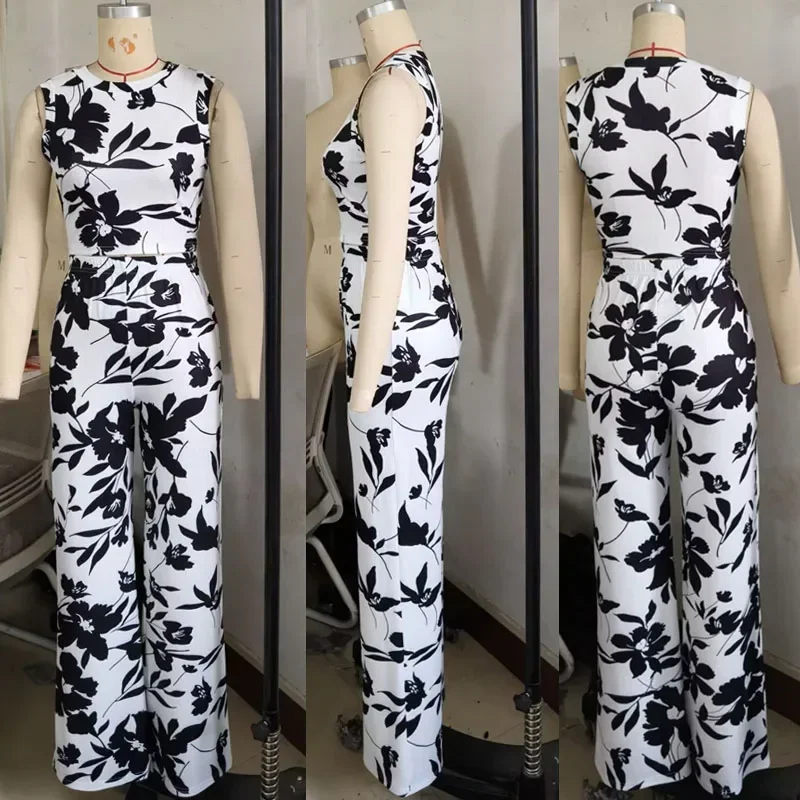 พิมพ์ดอกไม้ 2 ชิ้นชุดผู้หญิงฤดูร้อนชุด O-คอด้านบนและกางเกงขากว้างเอวสูงชุดการจับคู่ Conjunto Mujer