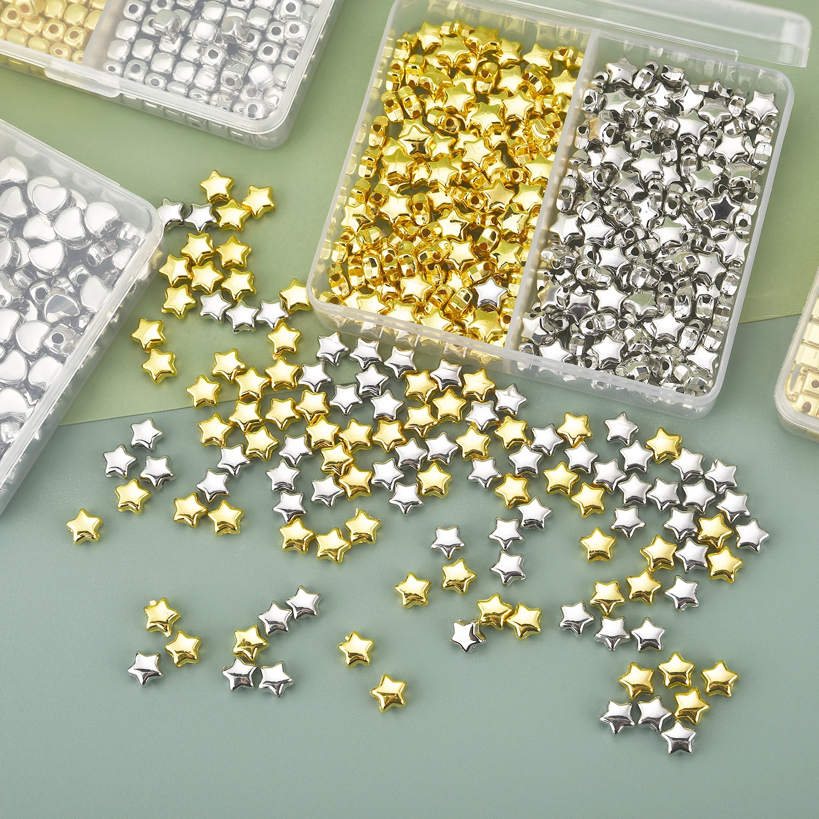 200/400/600pcs Spacer Beads Set Imitation Gold Silver Plated Plastic Beads For Craft Needlework DIY Jewelry Toy Making With Box