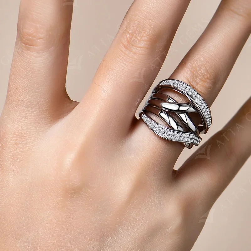 Attagems s925 tira moissanite anéis para mulher 18k banhado d cor vvs1 diamante crossover casamento banda festa jóias finas presente