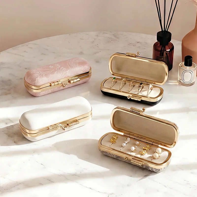 

Elegant Mini Travel Jewelry Organizer Box for Rings Earrings Portable Gold Trim Storage Case for Women