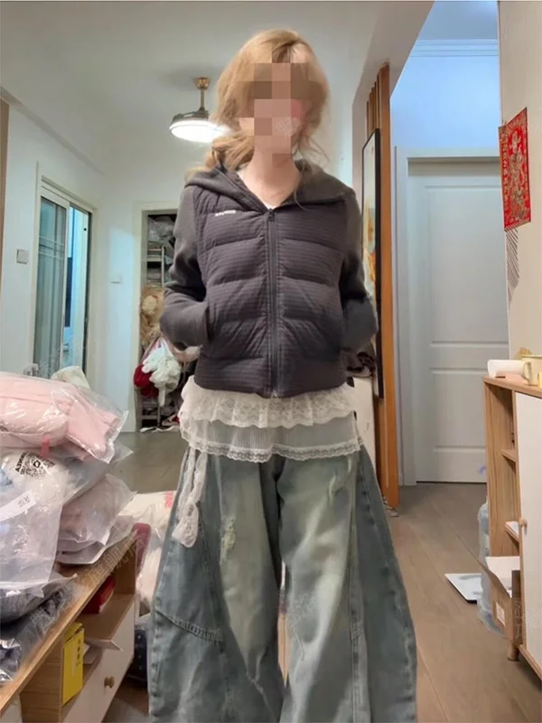 

American Retro Plaid Splicing Fake Two-Piece Hooded Top Waist-Cinching Slimming Cotton Jacket Women's Winter Outerwear