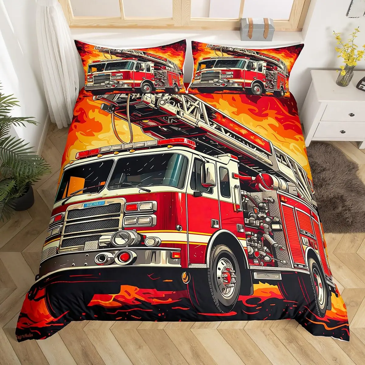 Fire Truck Bedding Set,Burning Flames Duvet Cover for Kids Fire Engine Comforter Cover Red Truck Quilt Cover with 2 Pillowcases