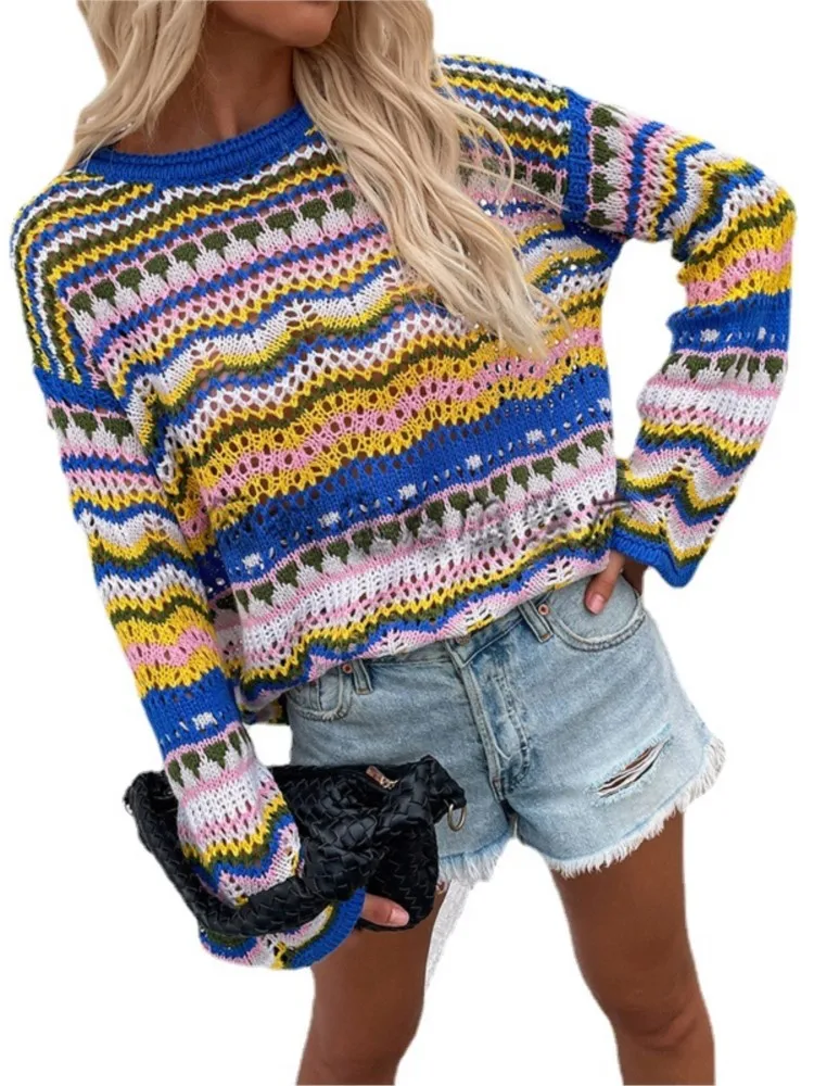 Fashion Color Stripe Knitted Sweaters Women Trendy Patchwork Hollow Out Pullover Sweater Female Autumn Winter Commuting Clothing