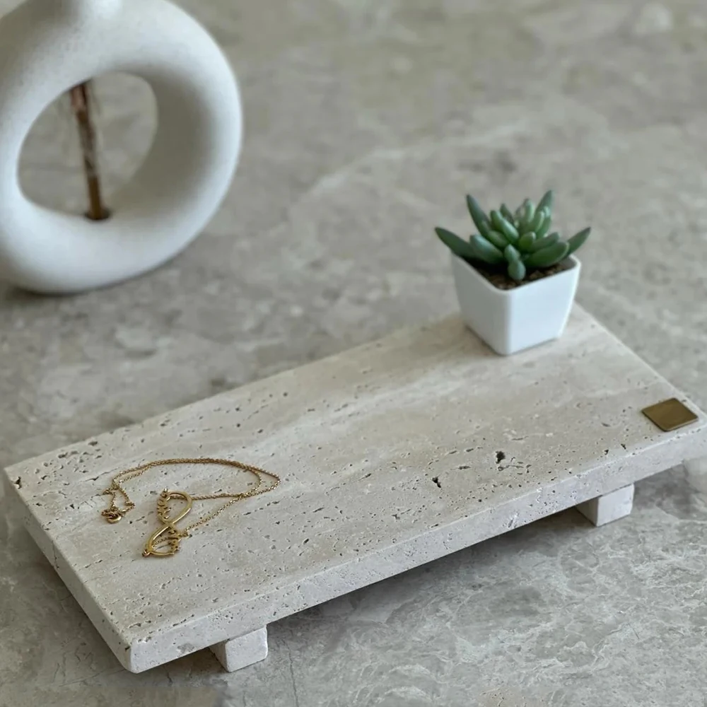 Handmade Raised Travertine Tray for Dish Soap Natural Marble Footed Tray for Kitchen Sink