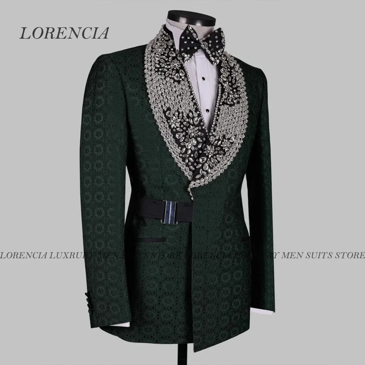

Customized Diamond Pearls Men Suits Crystal 2 Piece Double Breasted Crystal Groom Wear Tuxedos Ropa Hombre Wedding Prom Blazers