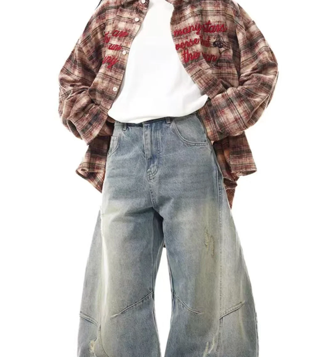 Blue Womens Jeans High Waist Vintage Design Hip Hop Straight Baggy Denim Pants Street Y2K American Style Wide Leg Denim Trouser