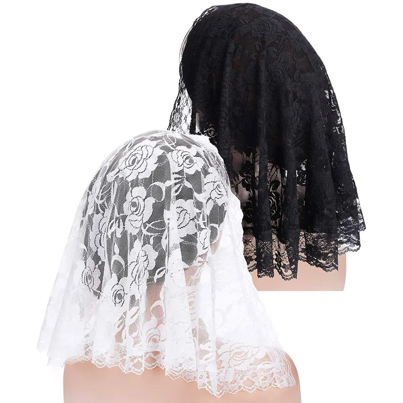 

White Black Lace Catholic Veil Mantilla for Church Head Covering Scarf Flower Mass Voile Shawl Kerchief For Muslim Women