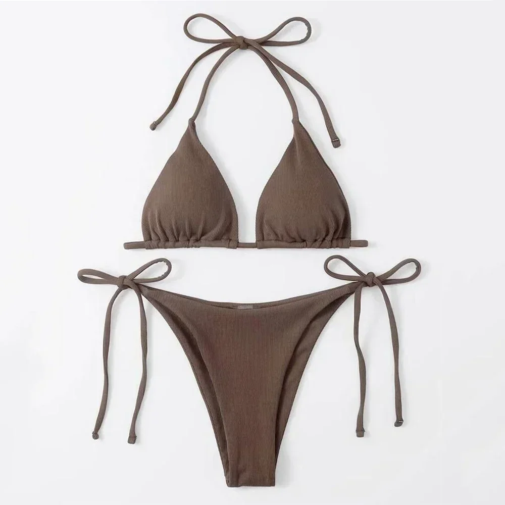 Brown Ribbed Swimwear String Halter Triangle Micro Bikini Thong Sexy Swimsuits Women Lace-up Bathing Suit Biquinis Bikinis Sets