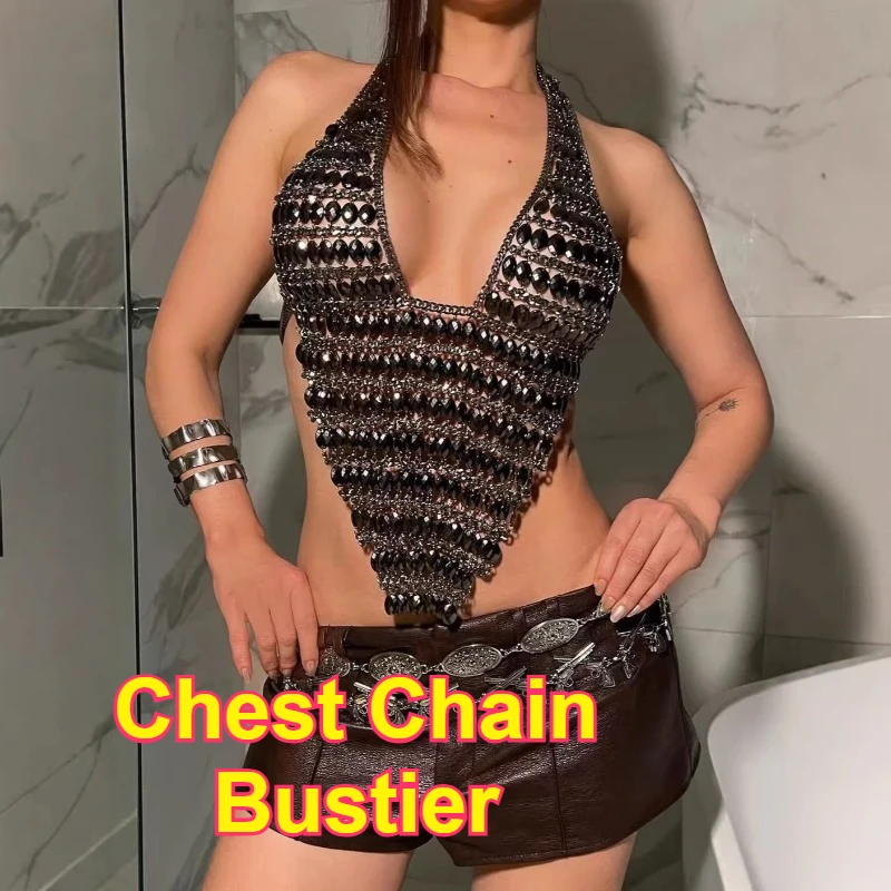 Women Sexy Backless Shine Diamond Body Chain Exotic Tanks Novelty Hollow Out Chest Chains Decor Bustier Tops Nightbar Clubwear