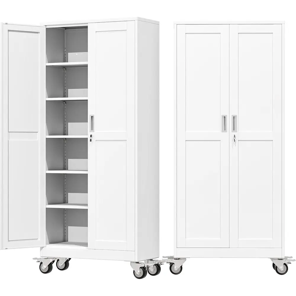 

75 High Rolling Steel Storage Cabinet with Lockable Doors and Adjustable Shelves for Garage, Home, or Office (White)