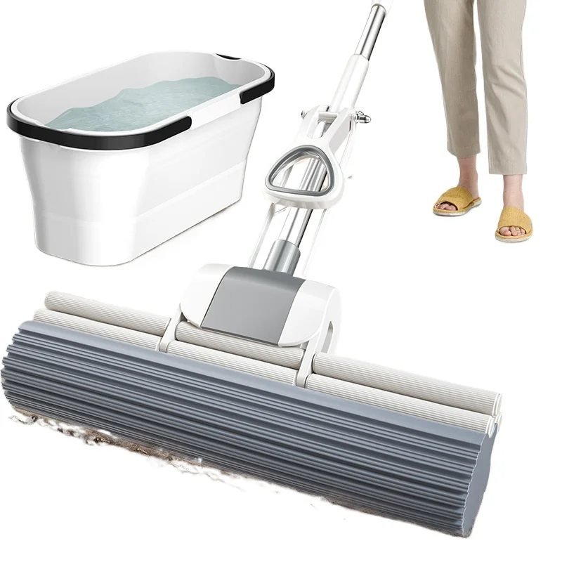 Sponge Mop for Home Use with Roller Wringing Mechanism No Hands Wash Microfiber Cleaning Mop Heavy Duty Water Absorbing