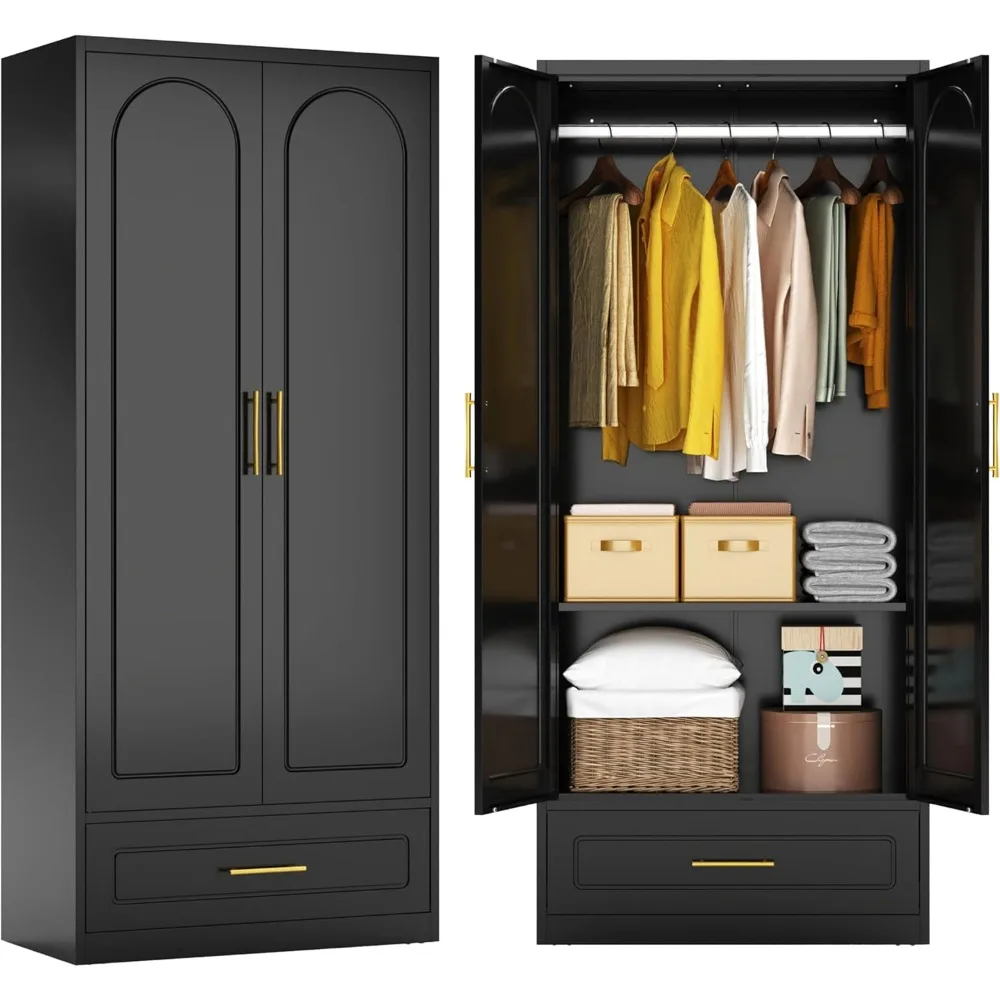 

71" Metal Armoire Wardrobe Closet with 2 Doors and Drawer, Tall Wardrobe Cabinet with Hanging Rod and Adjustable Shelves, Black