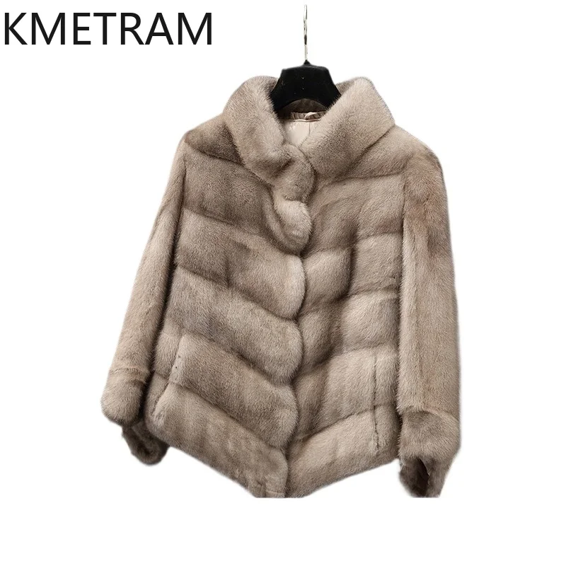 KMETRAM 100% فرو المنك الطبيعي ملابس خارجية جديدة بياقة واقفة معطف فرو حقيقي عالي الجودة ملابس نسائية قصيرة شتاء 2025 ropa mujer