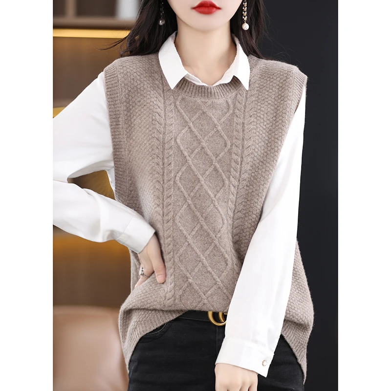 YSC Classic style Women\'s knitting Cashmere wool blend vest Round neck Loose Twisted pattern solid color High-quality soft Vest