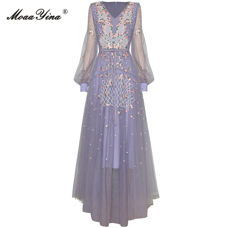 

MoaaYina Spring Fashion Runway Violet Vintage Mesh Dress Women's Lantern Sleeve Embroidery Beading Frenulum Slim Maxi Long Dress