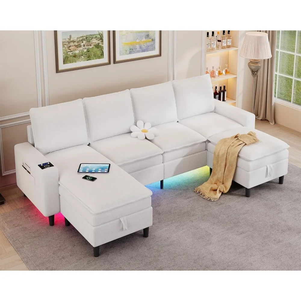 

Sectional Couches for Living Room, 4 Seat Sectional Sofa with Double Cushions/Storage Ottoman, Teddy Fleece U Shaped Couch with