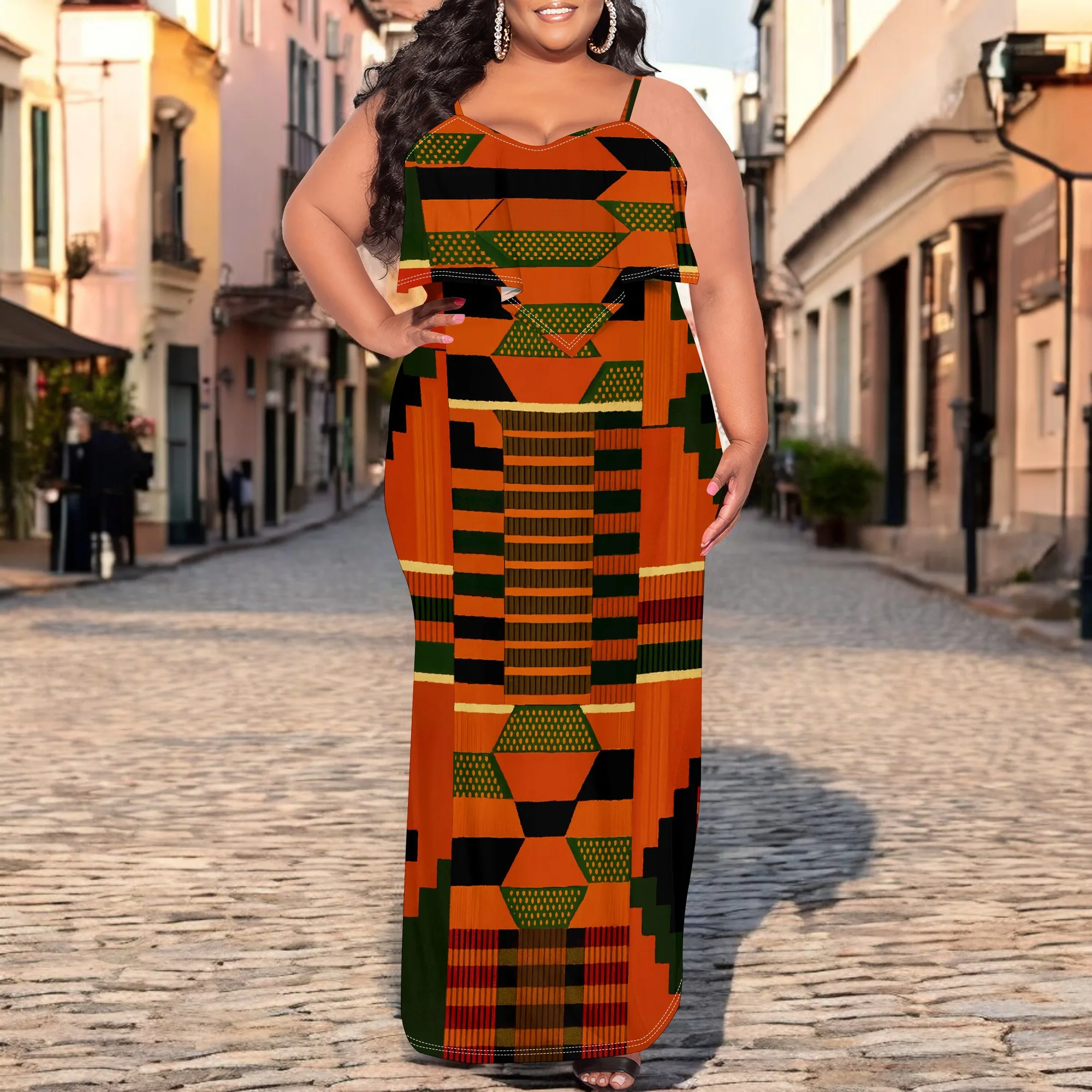 

Women's Plus Size African Kente Print Maxi Dress XL-6XL Spaghetti Strap Ruffle Top Summer Party Long Sundress