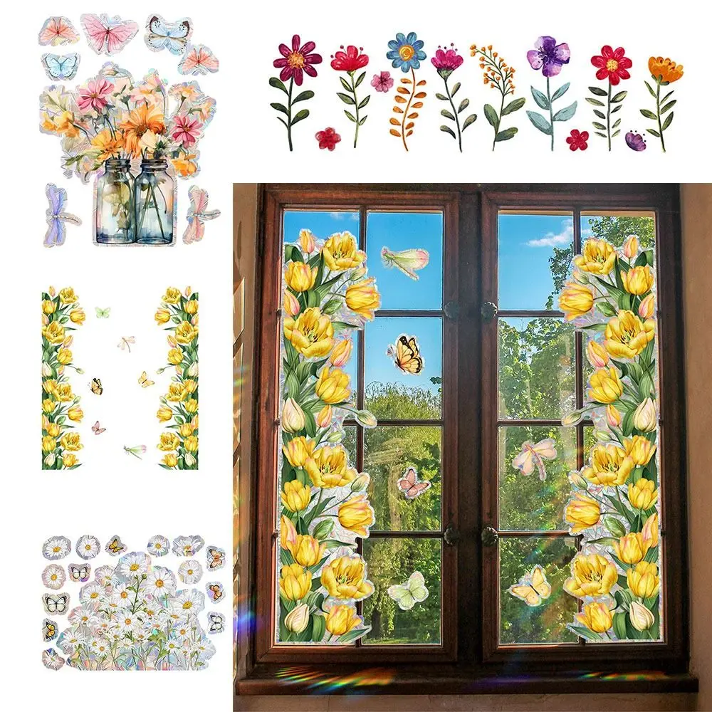 Colorful Sun Catcher Window Stickers Rainbow Prisms Flower Butterfly Bee Floral Decals Waterproof PVC Glass Static Sticker Gift