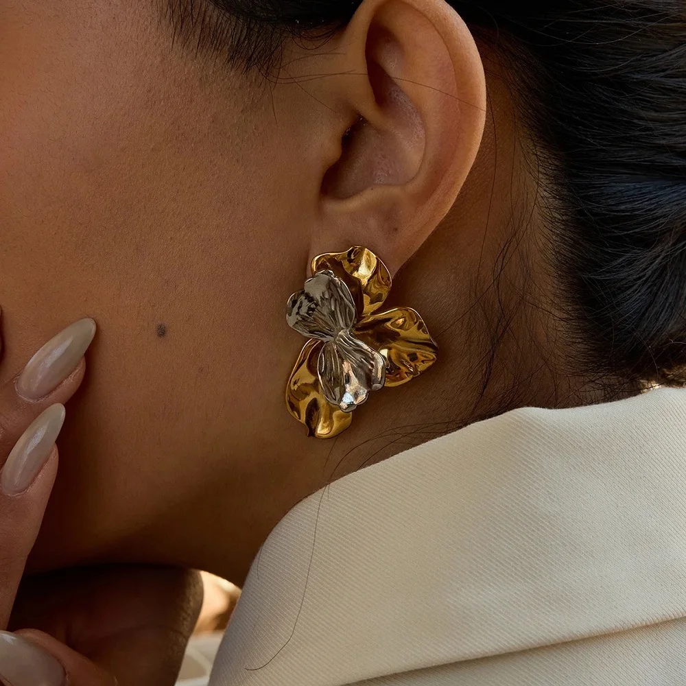 Two-Tone Flower Stud Earrings - 18K Gold Plated Stainless Steel