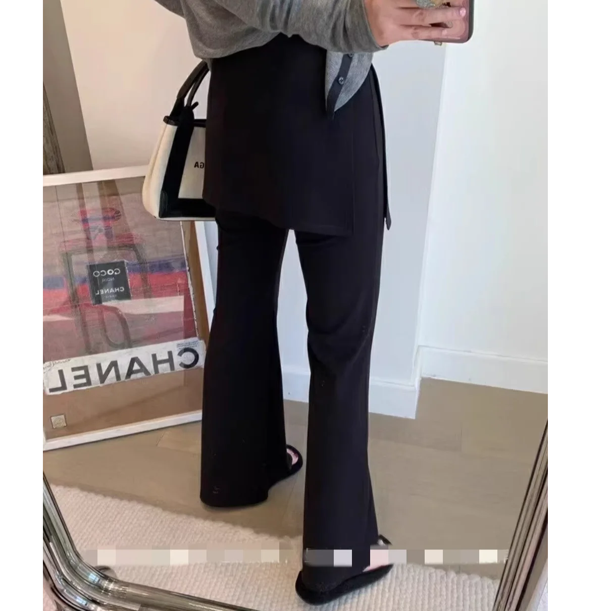 High Waist Flared Pants Women's Casual Trousers Korean Style Chic Vintage Side Slit Fake Two-Piece Butt Covering Slimming