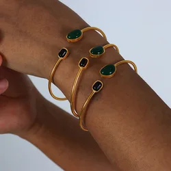 Elegant Women's Bracelets Bangles With Green Black Agate Stone 18K Gold Plated Stianless Steel Cuff Bracelet Bangle For Women