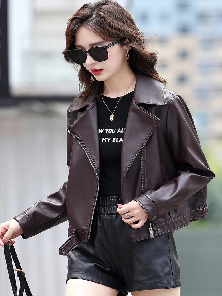 Giacca da donna in vera pelle di pecora, vestibilità ampia, stile biker, premium, con cerniera, per il pendolarismo, Collezione Autunno 2025