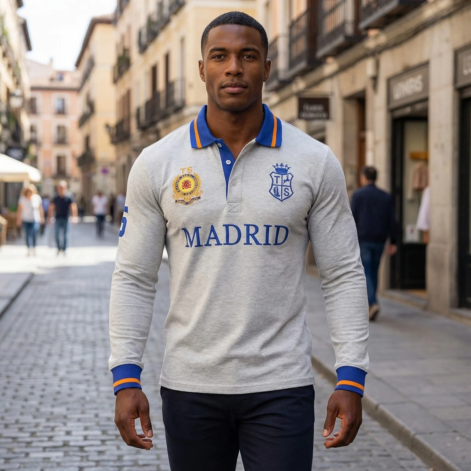 

Men's Polos Grey 100% Cotton Long Sleeve Polo Shirt Full-Collar Tee with Madrid Embroidery Casual Sports Clothing