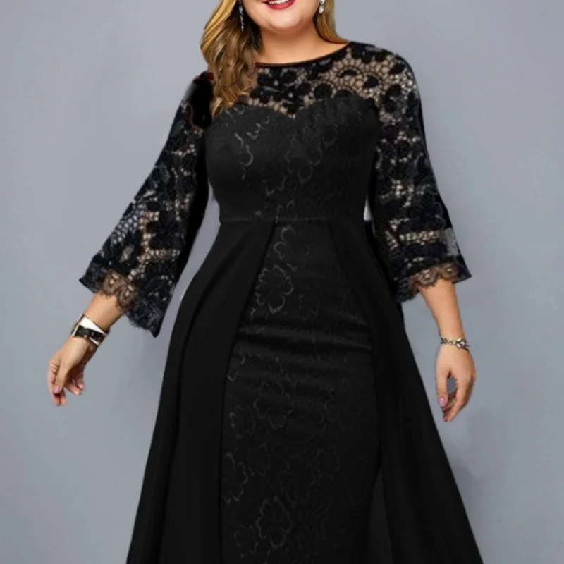 Plus size długa sukienka eleganckie wycięcie pod szyją koronki rozkloszowana sukienka z długim rękawem suknie wieczorowe wysokiej jakości luksusowe