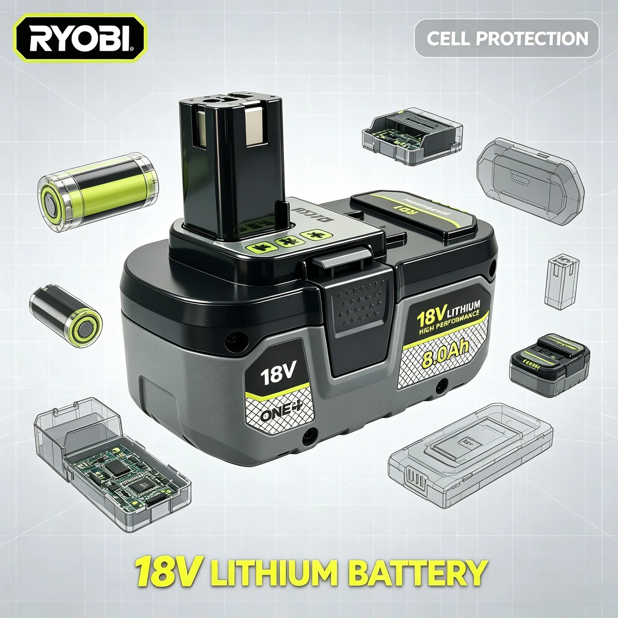 100% RYOBI 18V 8Ah Lithium Ion Battery High Capacity Replacement Battery For Ryobi ONE+ Cordless Power Tools P107 P108 P109