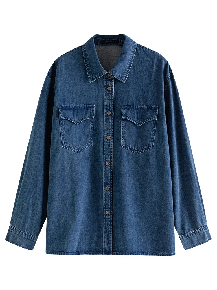 FSLE Retro Fashionable Washed Old Denim 100% Cotton Shirt for Women Autumn Winter 2023 New Big Pockets Design Top Female