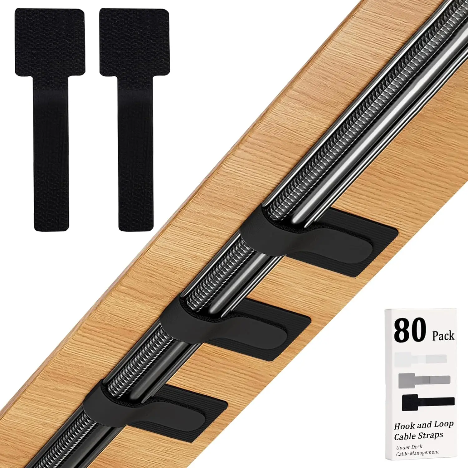 

80PCS Reusable Hook & Loop Cable Ties, Adhesive Cord Organizers for Desk, Home Office Essentials, Black