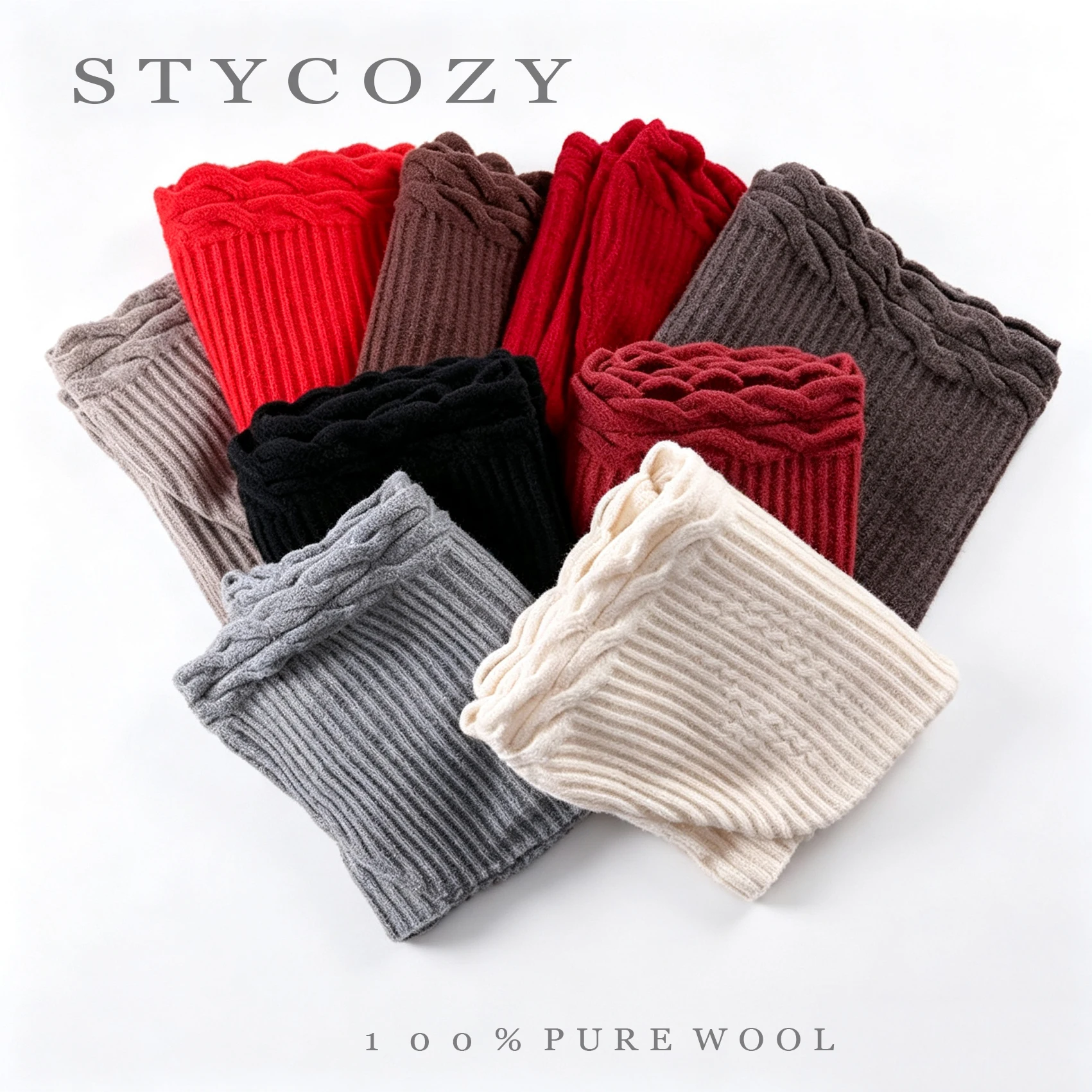 100% Wool Solid Color Cable Knit Hooded Scarf Outdoor Warm Head-Covering&Ear-Protecting Hat Autumn&Winter Neck Warmer With Hood