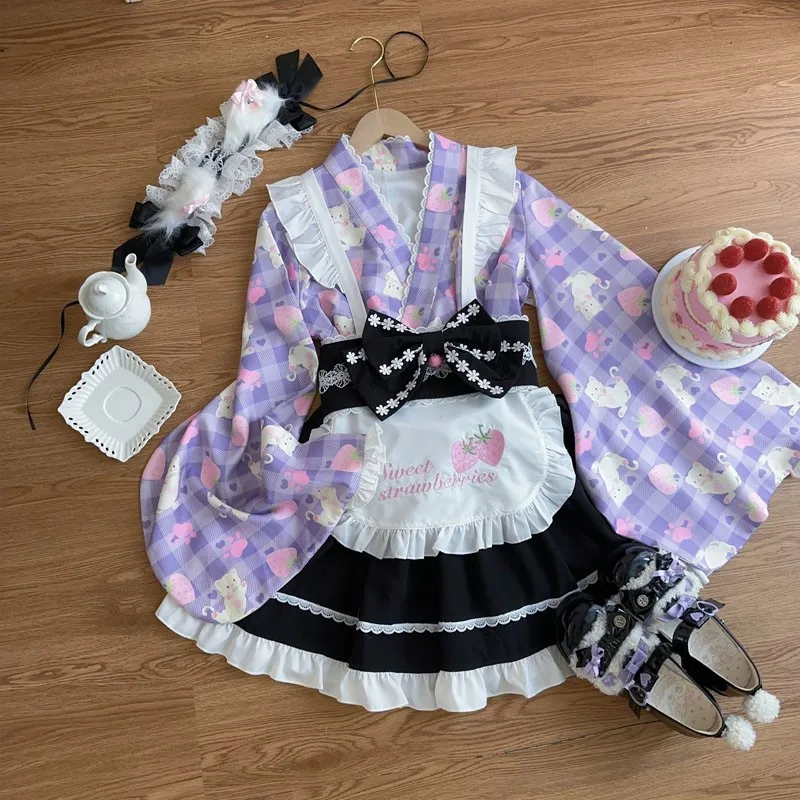 4pcs Japanese Lolita Skirt+top+apron+bow Tie Sweet Girls Cute Teens Ruffles V-neck Knee Length Removable Girdle Cosplay