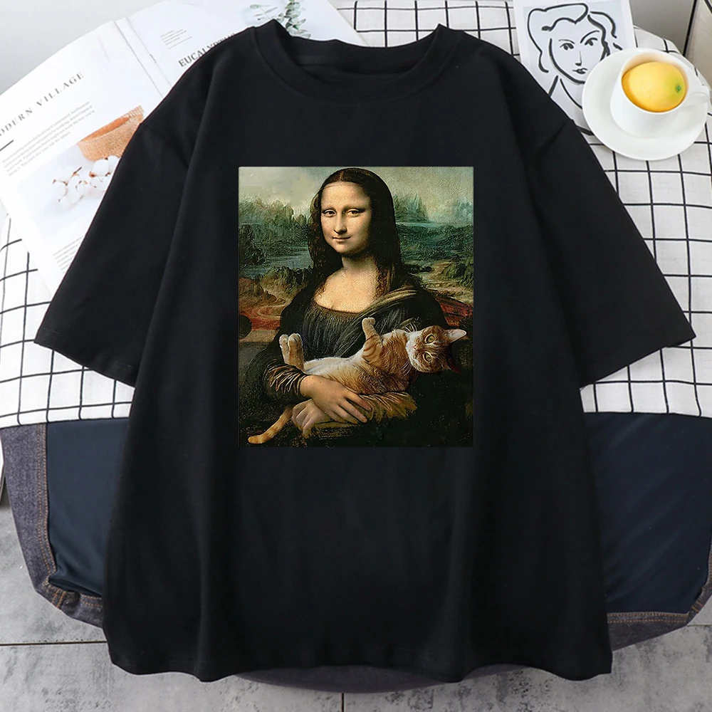 Famous Painting Mona Lisa Hold Cat Creativity Print men Tshirts Breathable Clothes Round Neck Cotton T Shirts Loose Short Sleeve