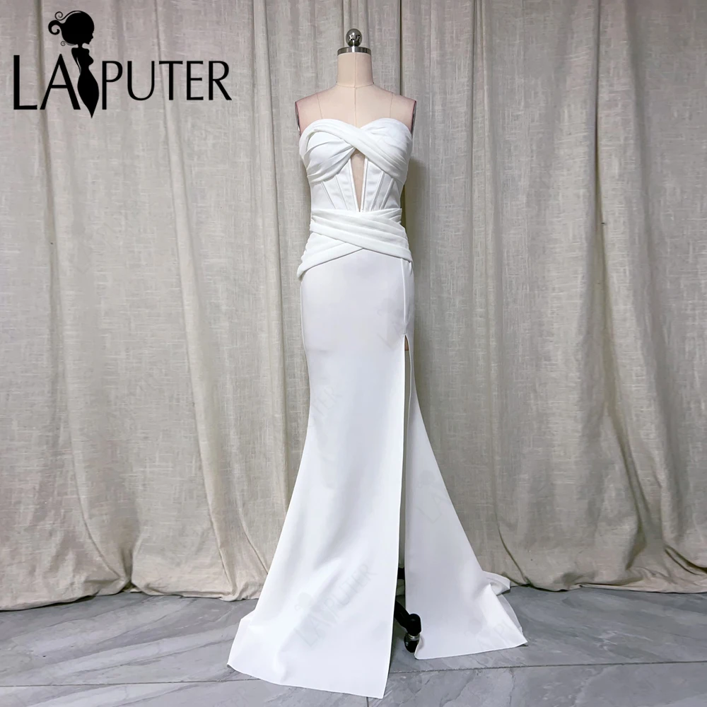 

LAPUTER White Mermaid Bridal Wedding Dresses Off Shoulder Ruched Bride Gown Boned Bodice Crisscross Pleat Open Split Prom Dress