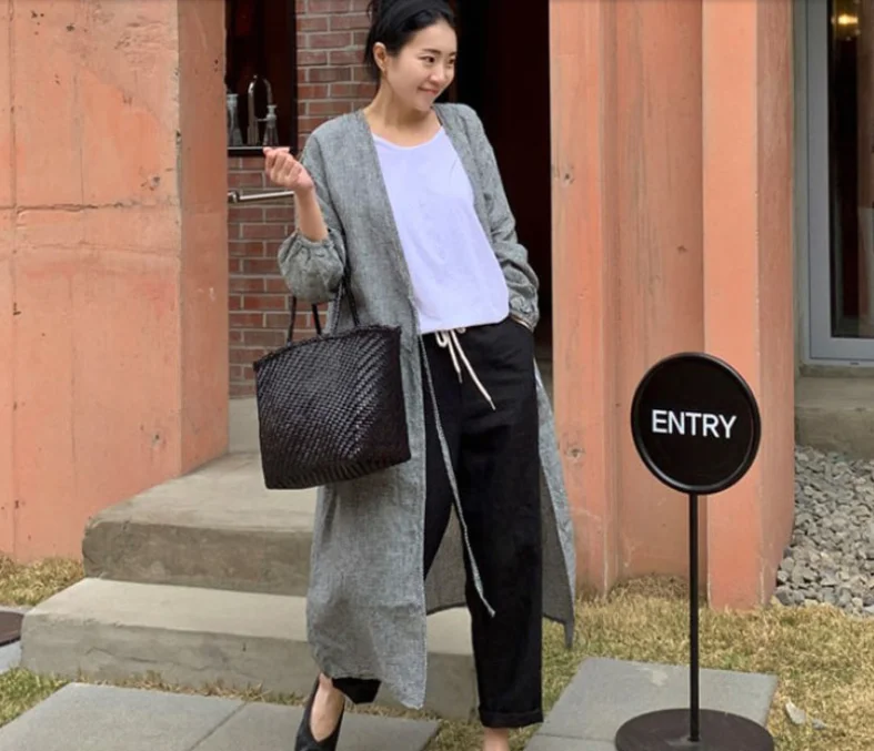 Léger Long Sve irt Femme Lâche Longueur Midi sur le genou Ceinture Cardigan Ouvert Vêtements d'extérieur fins Coton Plaid Trajet St...