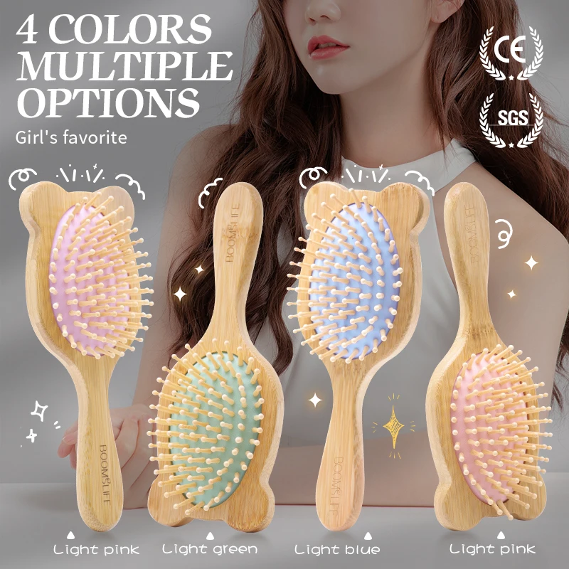 Cute Bamboo Hair Brush Women Custom Name Hair Style Wood Comb Wide Tooth Combs Massage Scalp Brush Airbag Anti-static Hairbrush