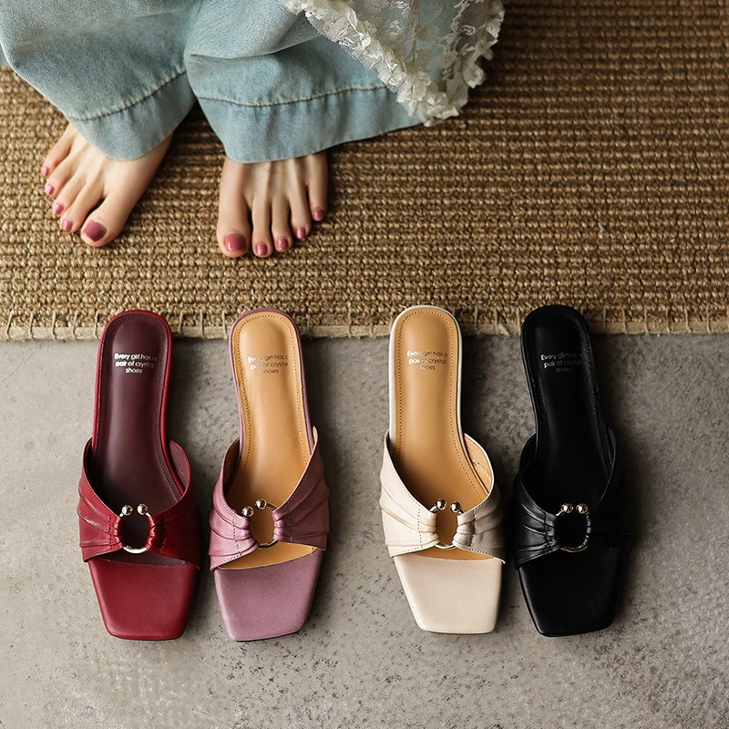 Women's new summer leather cowhide square toe low heel high-end comfortable retro open toed fish mouth shoes fashion slippers