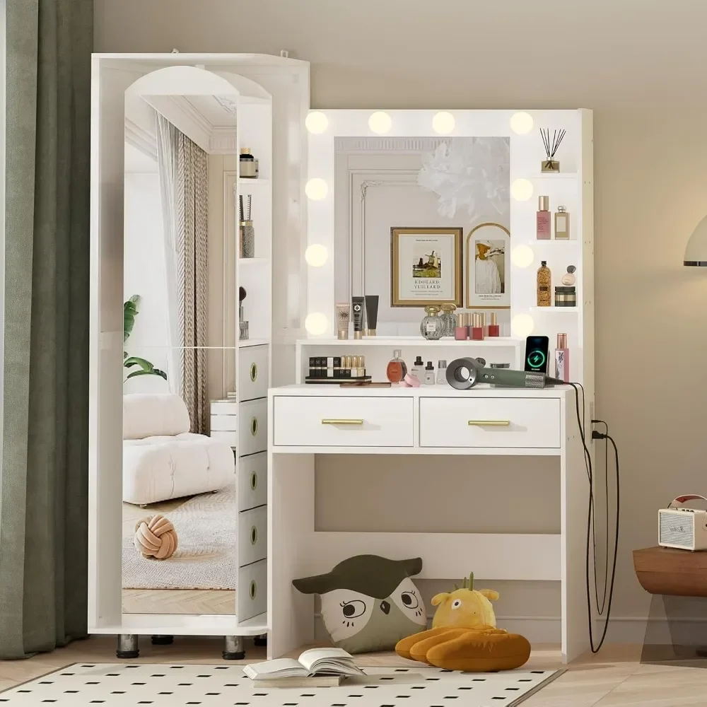 Vanity Swivel Cabinet with Full-Length Mirror, Jewelry Storage Shelf Bulletin Board,Table with Charging Station