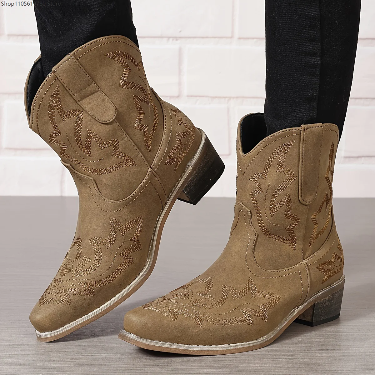Pointed Toe Embroidered Boots Chunky Heel Short Leather Booties Cosplay Role-Play Plus Size Autumn Winter Shoes For Women Adult 6
