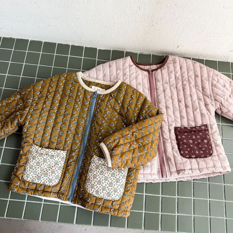 New Winter Children's lightweight Cotton Padded Coats Fleece Lining Floral Cloth Unisex Thick Warm Baby Kids Quilting Outerwear