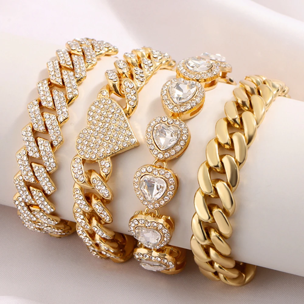 Iced Out Crystal Heart Tennis Chain Miami Cuban Link Chain Bracelet for Women Men Hiphop Chunky Chains Bracelets Jewelry