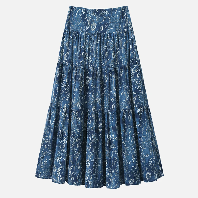 Retro Gentle Print Linen Half Skirt Women Summer High Waist Draped Slim Mid-Length A-Line Pleated Skirt Commute Ethnic Style