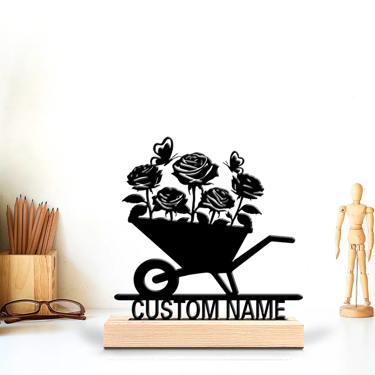 1 pieza de estatua de metal personalizada con forma de rosa, decoración simbólica para escritorio con base de madera, regalo, tema masculino, oficina