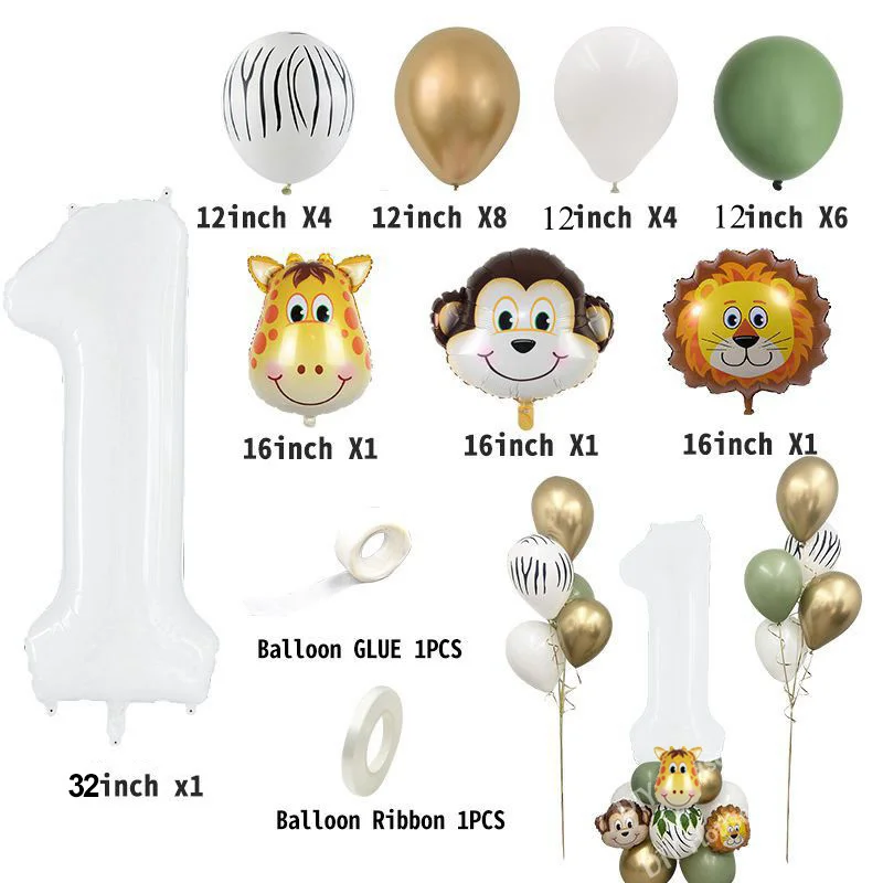 1SET Jungle Animal Balloon Kit With White Number Monkey Lion Foil Balls For Kids Birthday Party Decoration DIY Home Supplies