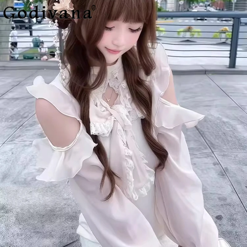 سلسلة واضحة الوردي Bowknot لوليتا فستان للنساء المرقعة الدانتيل حافة قبالة فستان باكتاف مفتوحة الإناث اليابانية الحلو فستان مكشكش