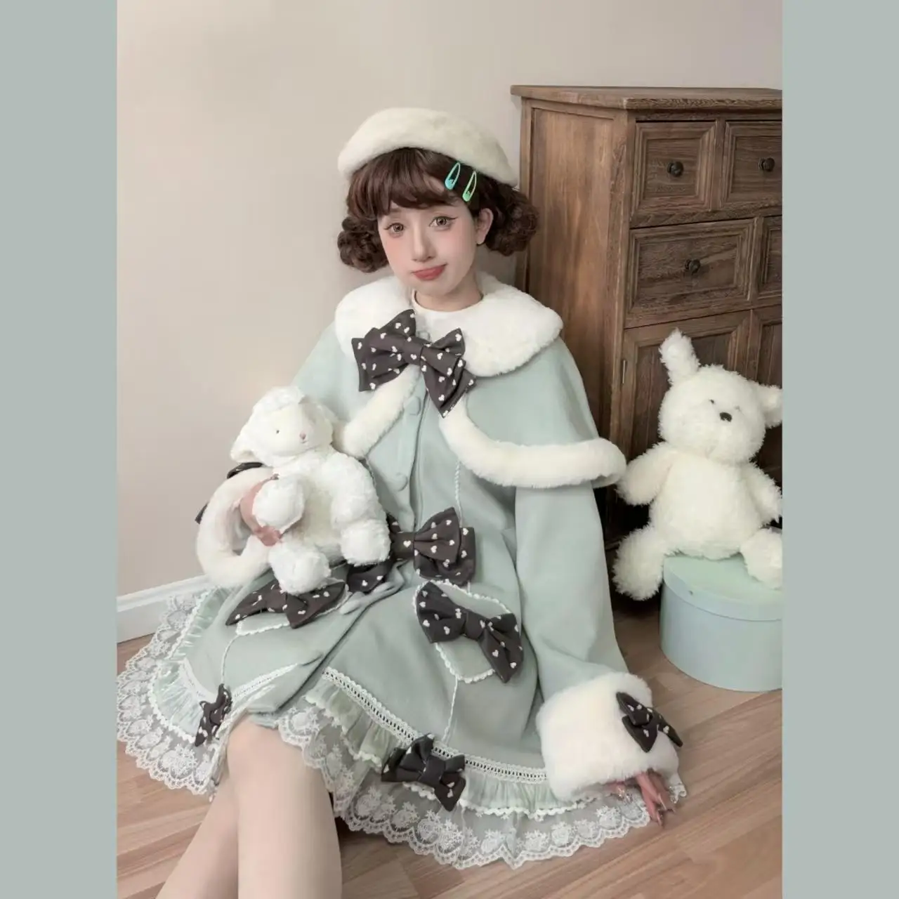 Lolita Sweet Wool Cape Coat Girls Women's  Autumn and Winter Girl Cute Bow Plush Collar Elegant Y2k Woolen Jacket with Cloak