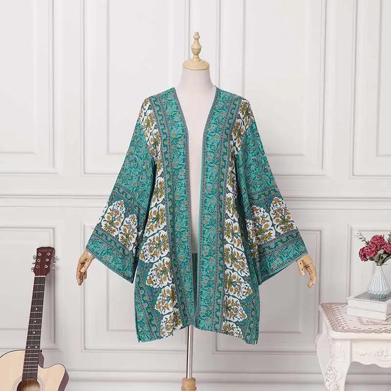 2024 New cardigan open front Bohemian ethnic style floral print women\'s kimono casual loose beach top spring and autumn coat