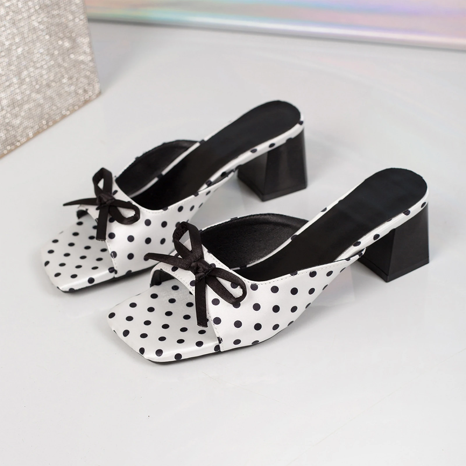 Women French Retro Polka Dot Bowknot Chunky Heel Open Toe Slippers Vintage Elegant Slip On Summer Party Wedding Mules view 4