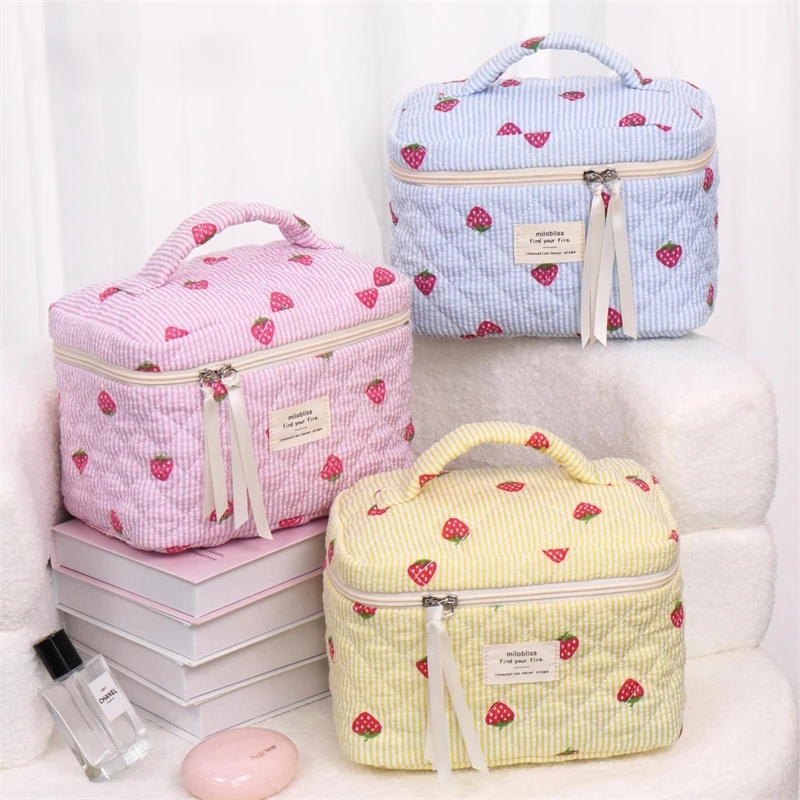 Quilted Strawberry Candy Cosmetic Bag Portable Large Makeup Pouch Travel Organizer For Women And Teens Cute Kawaii Birthday Gift